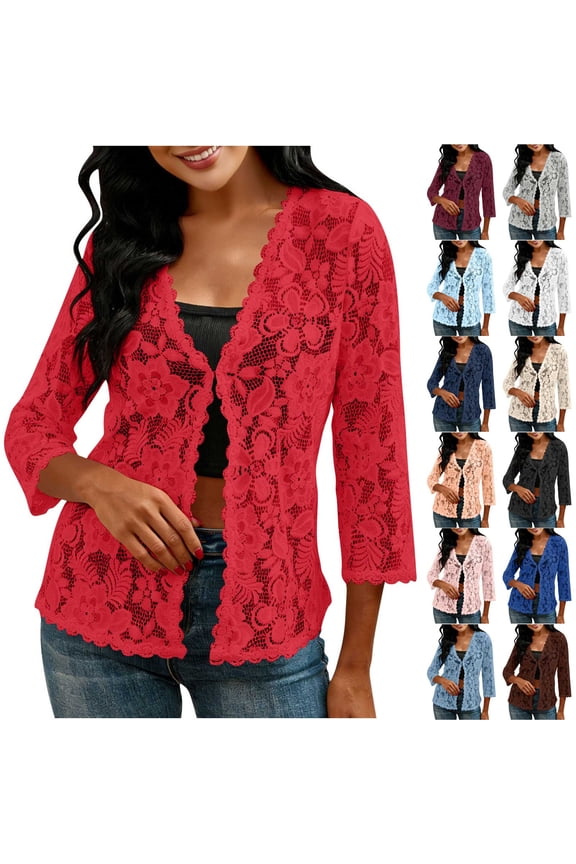 Lace Cardigans for Women Elegant 3/4 Sleeve Cardigans Lightweight Ladies Open Front Summer Cardigan Business Office Casual Bolero Shrug Womens Blouses for Dress Evening Party Wedding Daily Coffee XXL