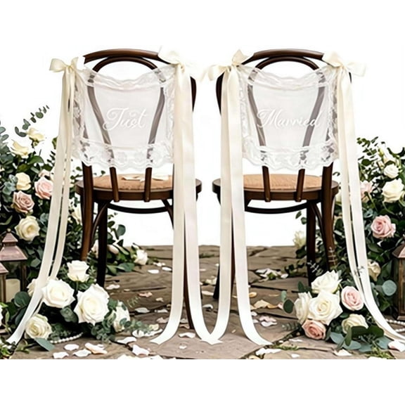 Lace Chair Sashes for Wedding, Just Married Chair Signs for Sweetheart Table, Vintage Embroidered Ribbons for Bridal Shower Reception Party Decor (2pcs)white