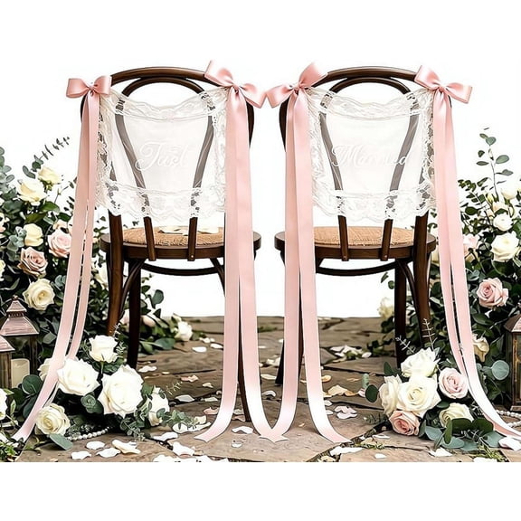 Lace Chair Sashes for Wedding,Vintage Embroidered Bow Ribbons for Sweetheart Table, Bridal Shower, Party Decor(RL Pink 1 Pair)