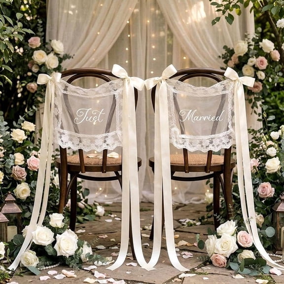 Lace Chair Sashes for Wedding,Vintage Embroidered Bow Ribbons for Sweetheart Table, Bridal Shower, Party Decor(RL White 1 Pair)