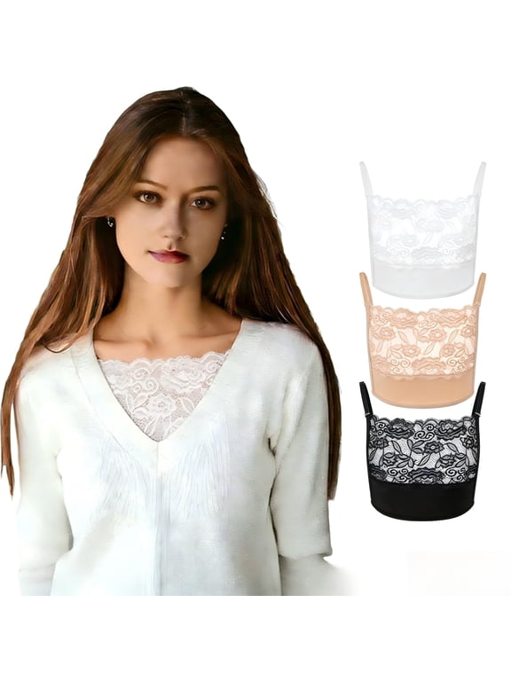 Lace Cleavage Cover Up for Low Neckline,Modesty Panel for Women,Clip On Mock Camisole Snap to Bra Insert