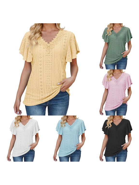 Lace Collar Flutter Sleeve Casual Blouse Loose Fit Summer Basic Tee Top Womens Tee Shirts