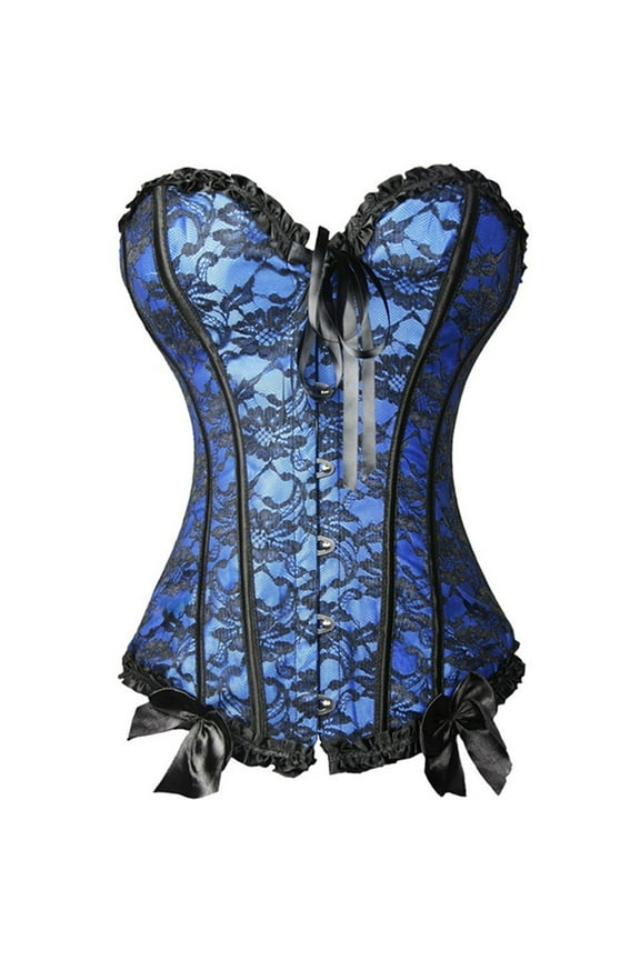 Lace Corset Bustier Top with Floral Overlay Front Busk Corset Shapewear, Adjustable Ribbons and Decorative Bows for Special Occasions Blue XL