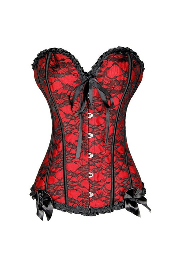 Lace Corset Bustier Top with Floral Overlay Front Busk Corset Shapewear, Adjustable Ribbons and Decorative Bows for Special Occasions Red M