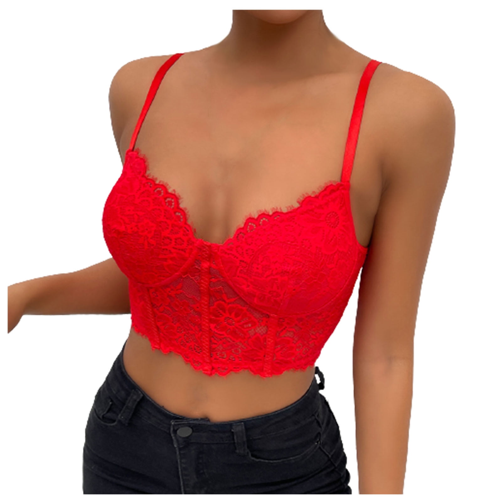 Lace Corset Crop Tops for Women Womens Lace Perspective Sexy Sleeveless  Tops Tank Tops Slim Sling Shapewear Tops Red M