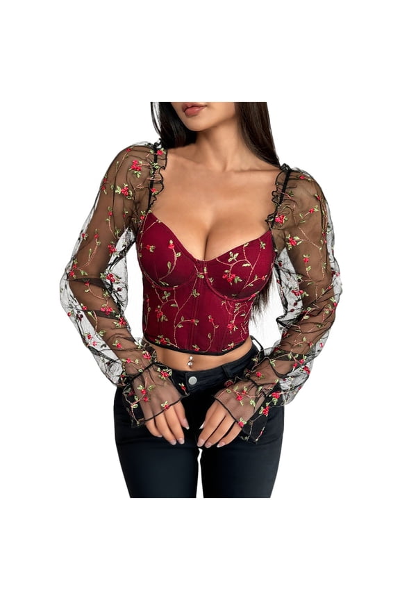 Lace up Corset Tops Plus Size, Women Fashion Tops with Embroidery Patchwork Mesh Low Cut Long Sleeved Tops New Retro Corset Tops for Women Style B-73 Wine S