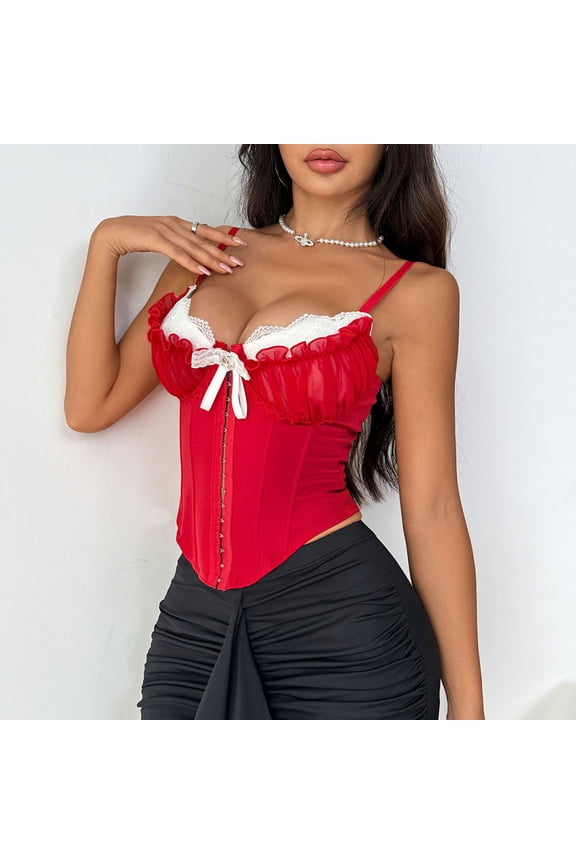 Lace Corset Tops for Women Bustier, Fashion Women Style Solid Color Bow Lace Fish Bones Backless Waist Strapless Shapewear Tops New Corsets for Women Shapewear Style B-64 Red M