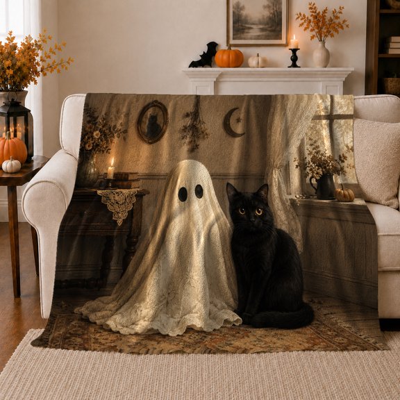 Lace Covered decorative motif Beside A Black Cat, Soft Flannel Blanket with Vintage decorative motif Tableau Print, Housewarming Gift and Home Decor for Bedroom and Living Room