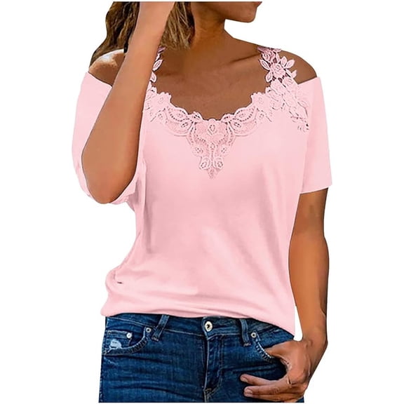 Lace Crochet Cold Shoulder Tops for Women Trendy Summer Short Sleeve Tunic Shirts Casual Loose Strappy Fashion Casual Loose Sexy Blouse