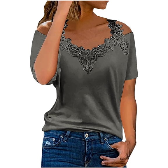 Lace Crochet Cold Shoulder Tops for Women Trendy Summer Short Sleeve Tunic Shirts Casual Loose Strappy Fashion Casual Loose Sexy Blouse