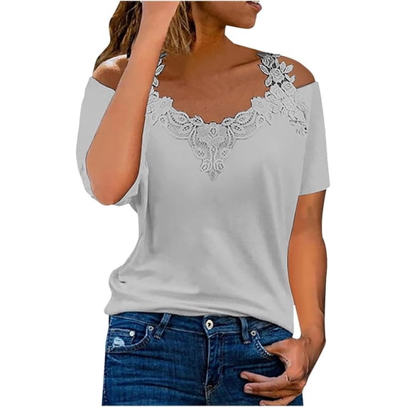 Lace Crochet Cold Shoulder Tops for Women Trendy Summer Short Sleeve Tunic Shirts Casual Loose Strappy Fashion Casual Loose Sexy Blouse