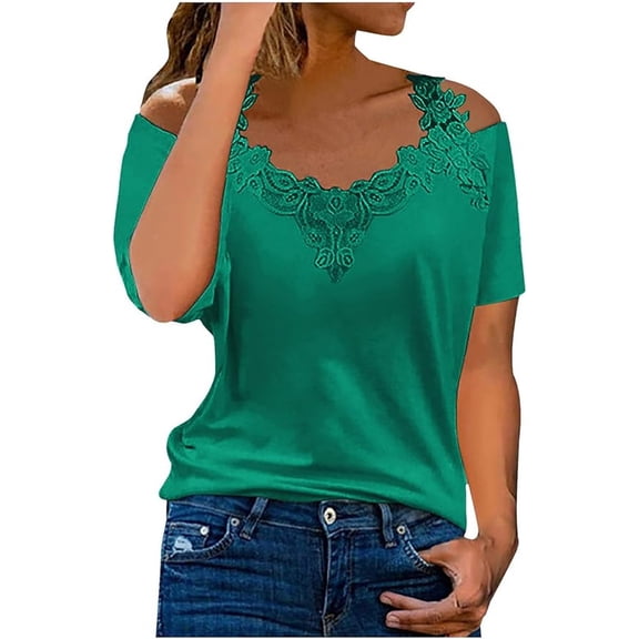 Lace Crochet Cold Shoulder Tops for Women Trendy Summer Short Sleeve Tunic Shirts Casual Loose Strappy Fashion Casual Loose Sexy Blouse