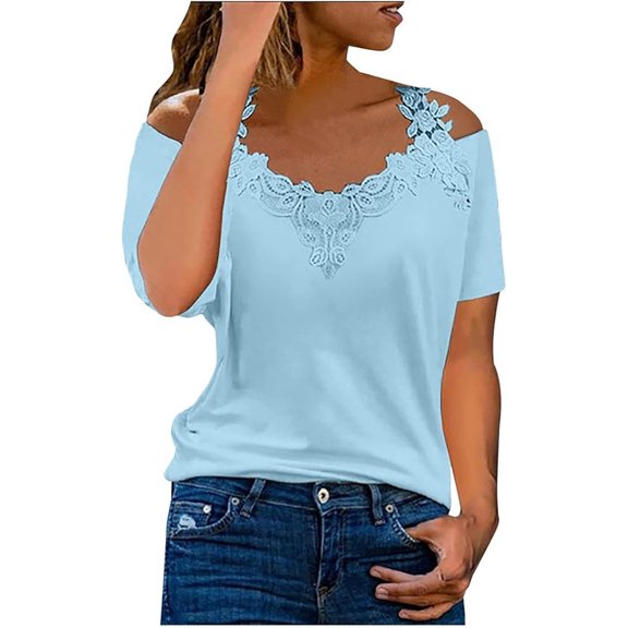 Lace Crochet Cold Shoulder Tops for Women Trendy Summer Short Sleeve Tunic Shirts Casual Loose Strappy Fashion Casual Loose Sexy Blouse