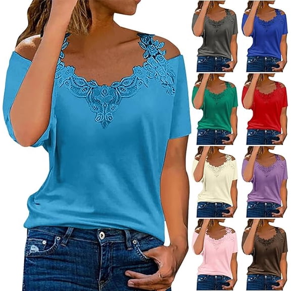 Lace Crochet Cold Shoulder Tops for Women Trendy Summer Short Sleeve Tunic Shirts Casual Loose Strappy Fashion Casual Loose Sexy Blouse