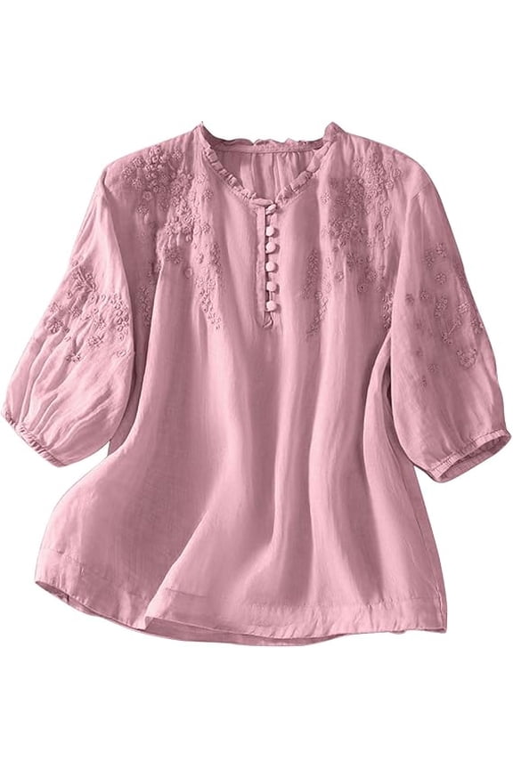 Lace Crochet Tops for Women 2026 Cotton Linen Top Peasant Blouses Retro Plus Size 3/4 Sleeve V Neck Button Down Floral Eyelet Embroidered Shirt