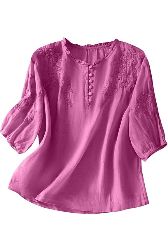 Lace Crochet Tops for Women 2026 Cotton Linen Top Peasant Blouses Retro Plus Size 3/4 Sleeve V Neck Button Down Floral Eyelet Embroidered Shirt