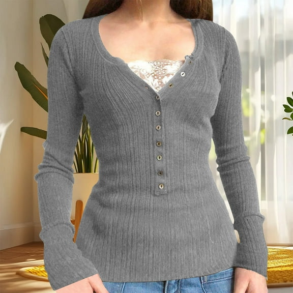 Lace Crop Button Up Shirts For Women Paneled Button Long Sleeve Lightweight Slim Basic Knit Tunic Top Blouse Gray S