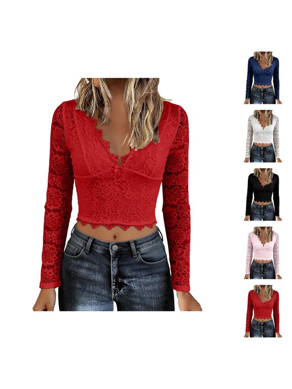 Lace Crop Tops for Women Long Sleeve Wave Trim V Neck Slim Fitted Shirts Y2k Going out Tops