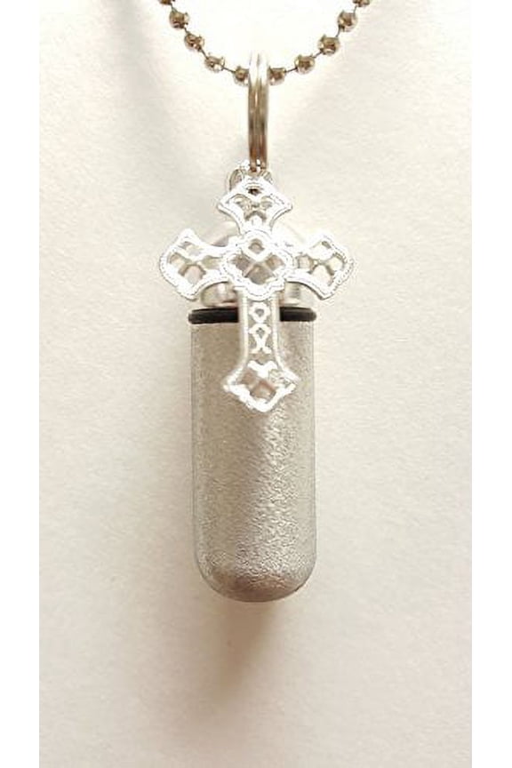 Lace Cross 2-tone Brushed Silver Anointing Oil Vial Necklace with Engraved HEART