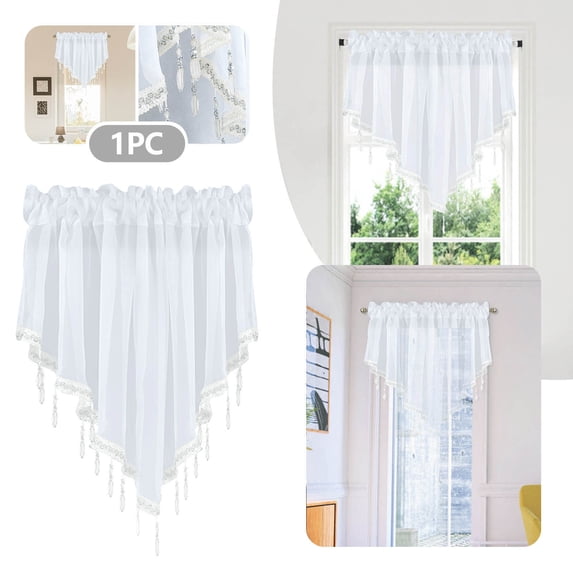 Lace Curtain Panel - 52x24 Inch Triangle Top Window Valance for Kitchen, Bedroom & Living Room - Classic Scalloped Edge Drapery (1 Piece)