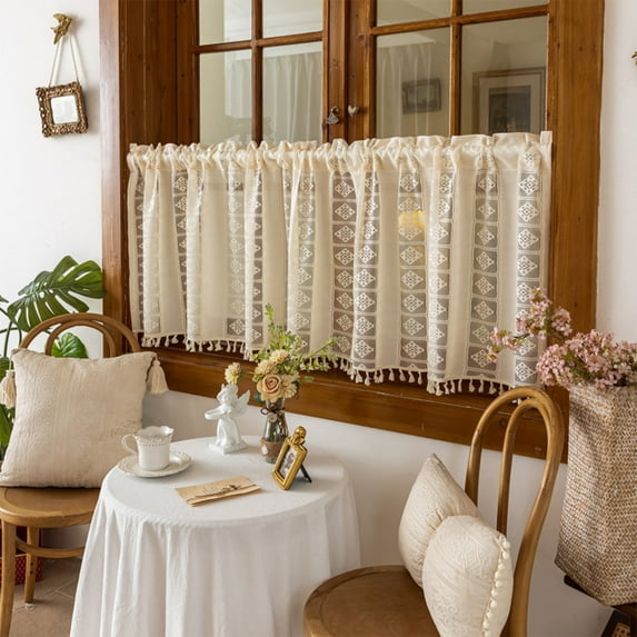 Lace Curtain Valance Semi Sheer Chiffon 59x18 or 24 in White Embroidered Rod Pocket Window Topper Light Filtering Panel for Kitchen Bedroom Living Room Decor