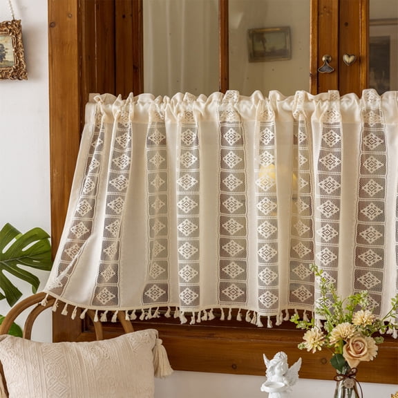 Lace Curtain Valance | Semi-Sheer Chiffon with Embroidery & Rod Pocket | White Polyester Fabric for Windows & Doors