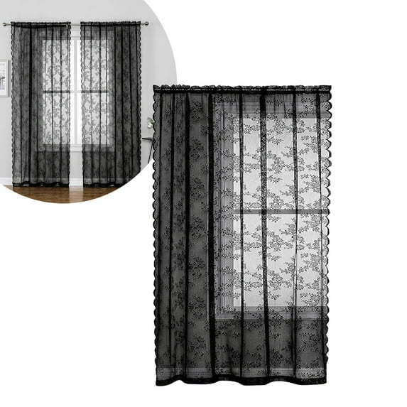 Lace Curtains 44.8 Inches Long, Vintage Floral Light Filtering Scalloped Edges Sheer Lace Curtains for Living Room & Bedroom, Rod Pocket, 1 Panels Set, Branch Pattern (black, 55.1" W x 44.8" L)