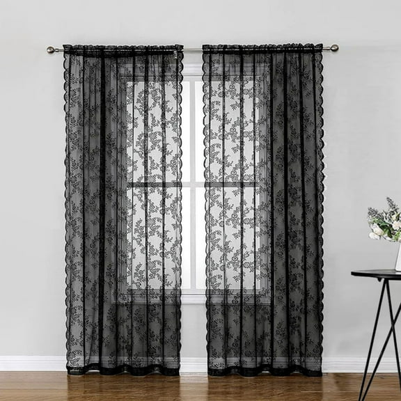 Lace Curtains 80 Inches Long, Country Rusitc Floral Pattern Vintage Black Sheer Lace Curtains for Living Room, Privacy Goth Sheer Window Curtains, 2 Panels 100*140cm Black