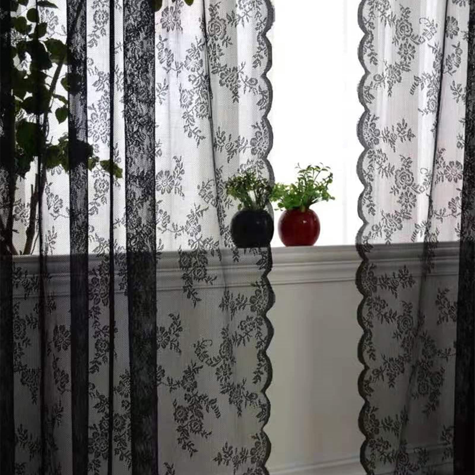 Scallop Ruffle Edge Lace Curtains 84 Inches Long 2 Panels Set, Boho Sheer Florals Scallop ...