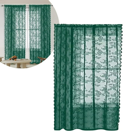 Lace Curtains 96 Inches Long, Vintage Floral Light Filtering Scalloped Edges Sheer Lace Curtains for Living Room & Bedroom, Rod Pocket, 1 Panels Set, Branch Pattern (green, 55.1" W x 96" L)