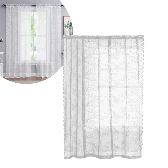 Lace Curtains 96 Inches Long, Vintage Floral Light Filtering Scalloped Edges Sheer Lace Curtains for Living Room & Bedroom, Rod Pocket, 1 Panels Set, Branch Pattern (White, 55.1" W x 96" L)