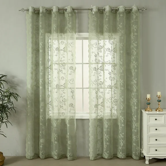 Lace Curtains-Set of 2 Panels, Floral Embroidery, Sheer Light Filtering, Country Style for Living Room Bedroom Dining Room(Sage Green, 52" W x 63" L)