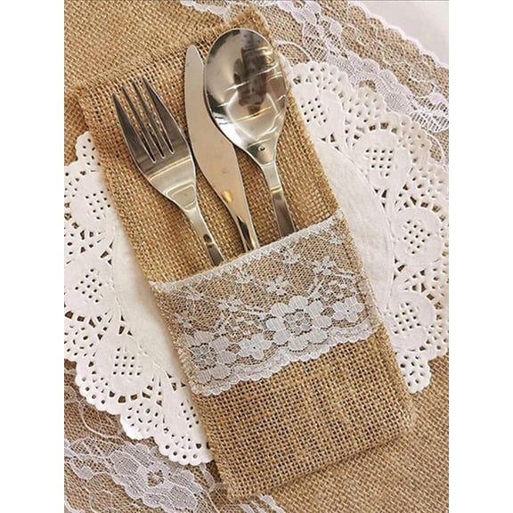 Lace Cutlery Pouch Set of 10, Modern Polyester Flatware Storage Bags for Wedding Tables, Decorative Silverware Sleeves for Kitchen, Christmas Party, and School Lunch Supplies