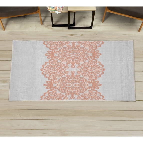 Lace Decorative Rug, Needlework Ornamental Style Vintage Wedding Bridal Theme Illustration, Quality Carpet for Bedroom Dorm and Living Room, 6 Sizes, Peach White, by Ambesonne
