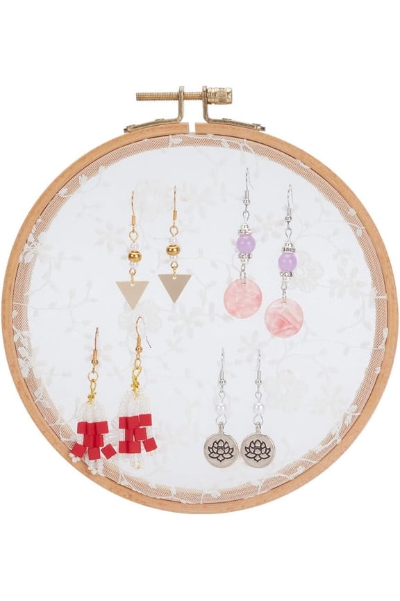 Lace Disc Earring Display Holder Wood Wall Mounted Ear Stud Organizer Stand Round Jewellery Storage Wall Hanging Jewellery Collection for Earrings Display 7.09x6.57x 0.35inch