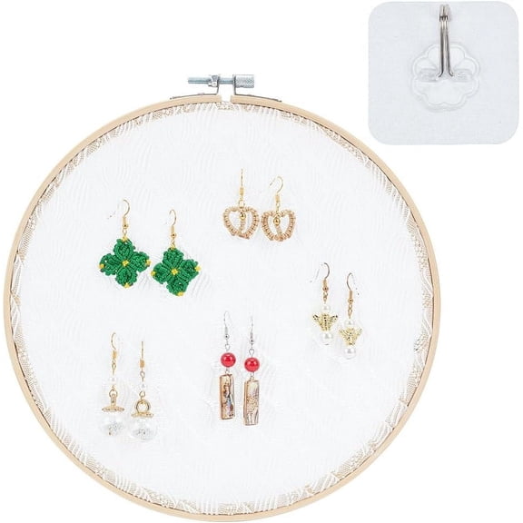 Lace Disc Earring Display Holder Wood Wall Mounted Ear Stud Organizer Stand Round Jewellery Storage Wall Hanging Jewellery Collection for Earrings Display 9.57x9.25x0.43inchBlanched Almond