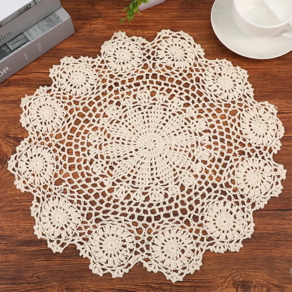 Lace Dollies for Tables, 15.7 Inch Large Round Cotton Crochet Doilies Handmade Vintage Lace Placemats Knitted Tablecloth for Home Kitchen Dining Room Wedding Party Decoration (Beige)