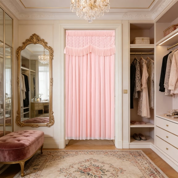Lace Door Curtain Room Divider No Drill - Double Layer Sheer Screen, Punch-Free Installation for Bedroom, Kitchen & Home, 79x39 Inches