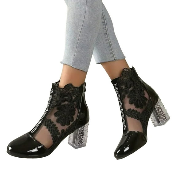 Lace Dress Boots for Women Bridal Wedding Sexy Floral Embroidered See Through Leather Patchwork Chunky Crystal High Heels Dressy Short Ankle Booties