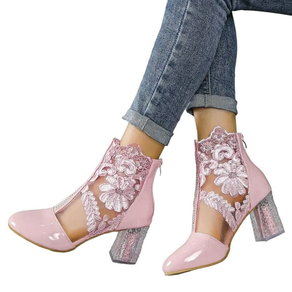 Lace Dress Boots for Women Bridal Wedding Sexy Floral Embroidered See Through Leather Patchwork Chunky Crystal High Heels Dressy Short Ankle Booties