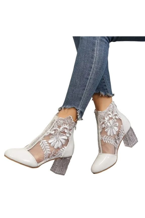 Lace Dress Boots for Women Bridal Wedding Sexy Floral Embroidered See Through Leather Patchwork Chunky Crystal High Heels Dressy Short Ankle Booties