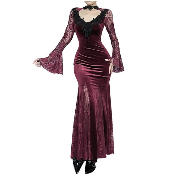 Lace Dress for Women Sexy Midi Bodycon Dresses Slim Fit Long Ruffle Sleeve V Neck Cocktail Party Fishtail Outfits S-XL