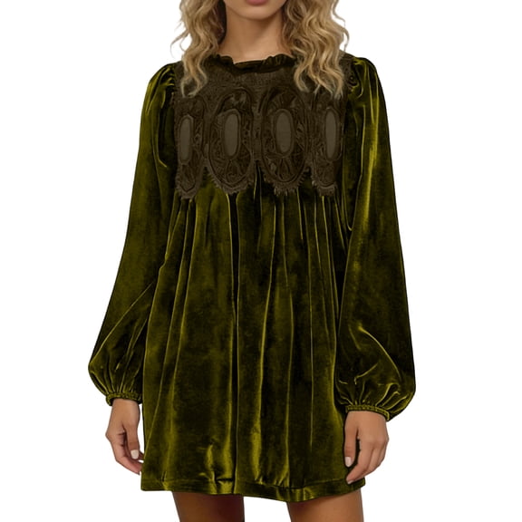 Lace Dresses Velvet Dress for Women Lace Dresses for Women Womens A-Line Velvet Lace Overall Pleated Swing Babydoll Casual Skirtall Scallop Neck Flared Wedding Mini Dress, Army Green-XXL