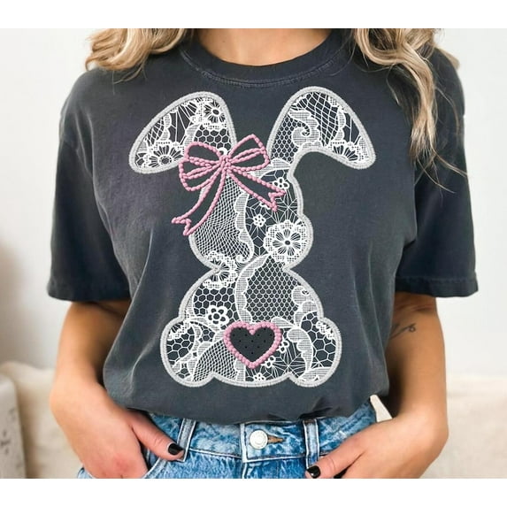 Lace Easter Bunny T-Shirt, Faux Embroidery Easter Tee, Cute Bunny Shirt for Women, Pastel Spring Easter T-Shirt, Vintage Easter Day Shirt