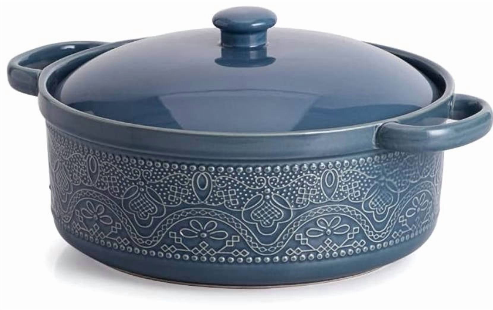 Lace Emboss Casserole Dish with Lid, 2 Quart Oven to Table Ceramic Round Serving Dish with Handles for Dinner and Party, Thanksgiving Christmas Gifts(Grayish Blue)