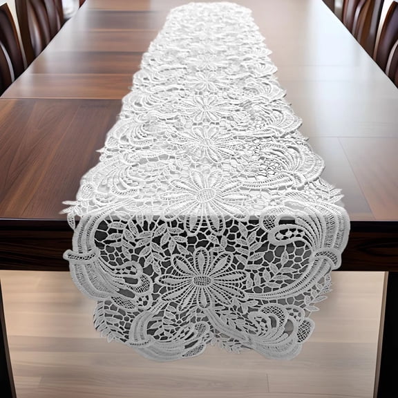 Lace Embroidered Table Runner & Placemat Set - White Floral Openwork in Minimalist Style
