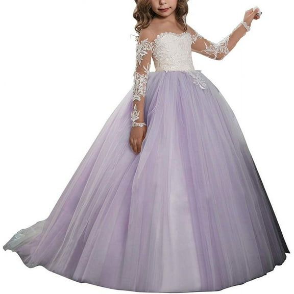 Lace Embroidery Sheer Long Sleeves Kids Trailing Gowns