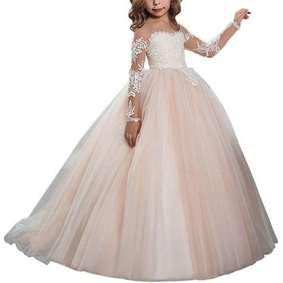 Lace Embroidery Sheer Long Sleeves Kids Trailing Gowns