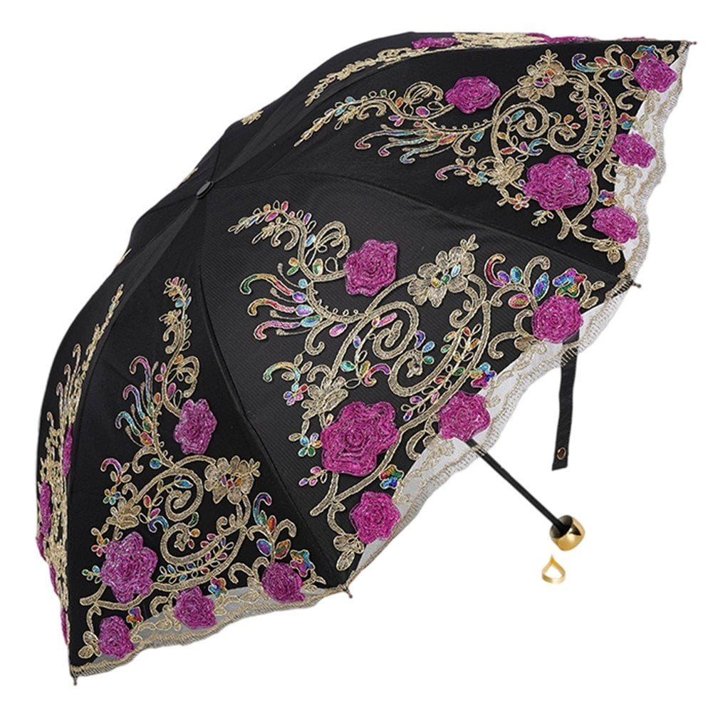 Lace Embroidery Sun Umbrella Ladies Anti-UV Umbrella Folding Parasol Umbrella Vintage Flower Embroidery Umbrella Sun/Rain/Snow Folding Umbrella