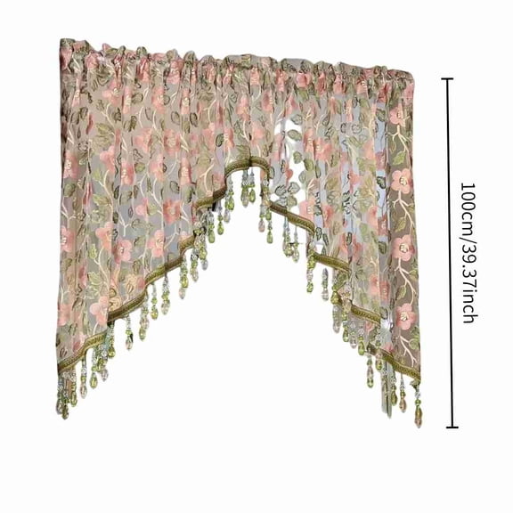 Lace Embroidery Triangular Curtain, 39.37 Inch Rural Style Floral Valance with Crystal Beads, for Kitchen Bedroom Partition Doorway Window Decor
